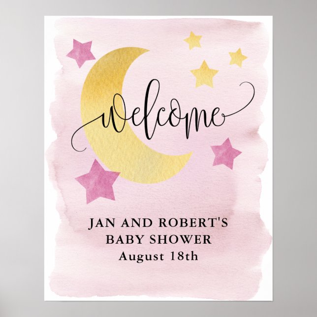 Póster Sobre la luna, bienvenida rosa a Baby Shower (Frente)