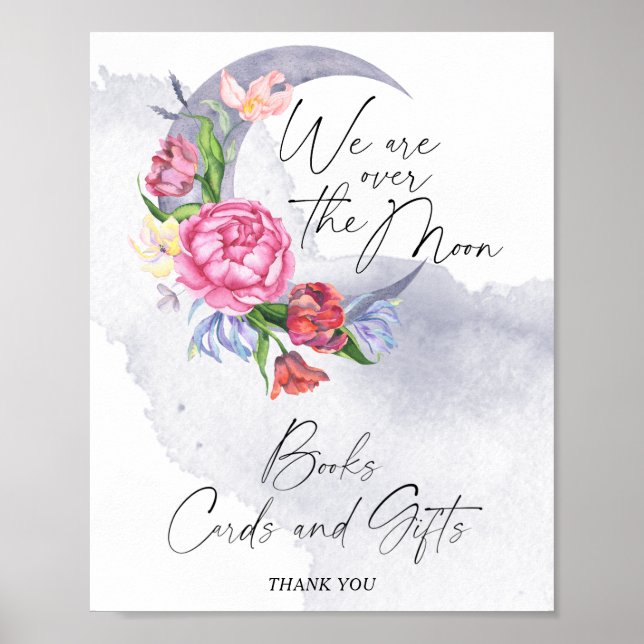 Póster Sobre la luna flores libros y tarjetas de Baby Sho (Frente)