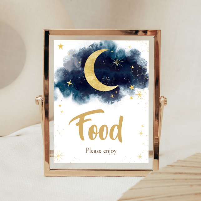 Póster Sobre la luna oro estrellas comida azul (Blue Twinkle Little Star Baby Shower Food Sign)