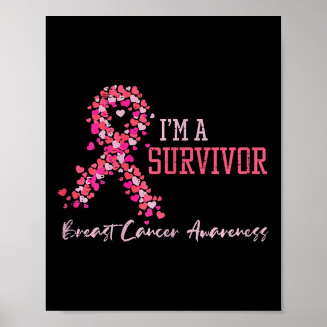 Póster Sobreviviente Cinta rosa Corazones Cáncer de Mama  (Frente)