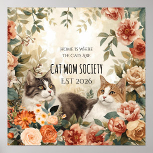 Póster Sociedad de Gatos Mamá Botánica Floral Vintage Dec