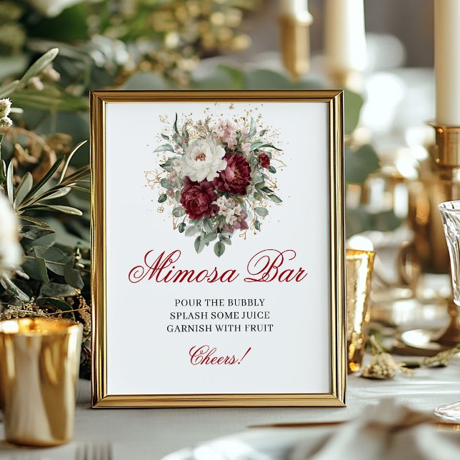 Póster Sofisticada Mimosa Bar Rubor Floral Sig de Borgoña (Sophisticated Mimosa Bar Blush Burgundy Floral Sign)