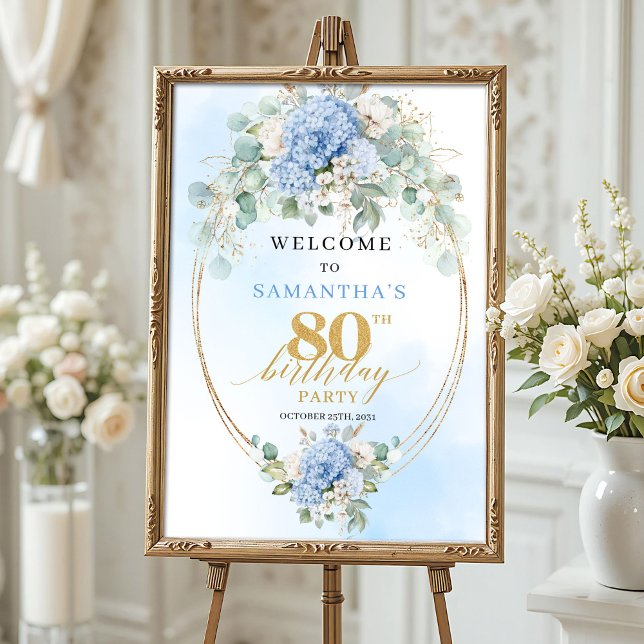 Póster Soft Blue Boho Gold Hydrangeas 80 birthday welcome (Soft Blue Boho Gold Hydrangeas 80th birthday welcome)