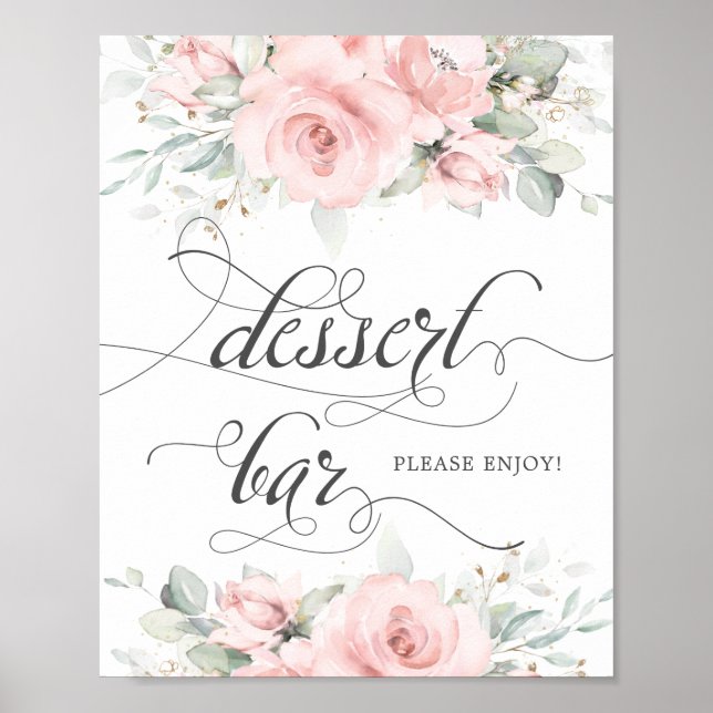 Póster Soft Blush Floral Greenery Wedding Dessert Bar  (Frente)