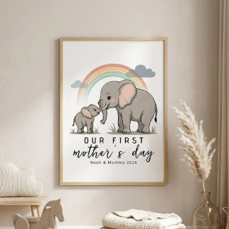 Póster Soft Elephant Mom Baby First Mothers Day Calm Art