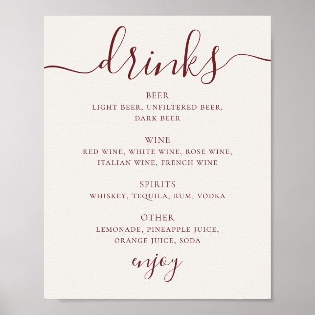 Póster Soft Ivory Wedding Drinks Menu | Script Bar Sign (Frente)