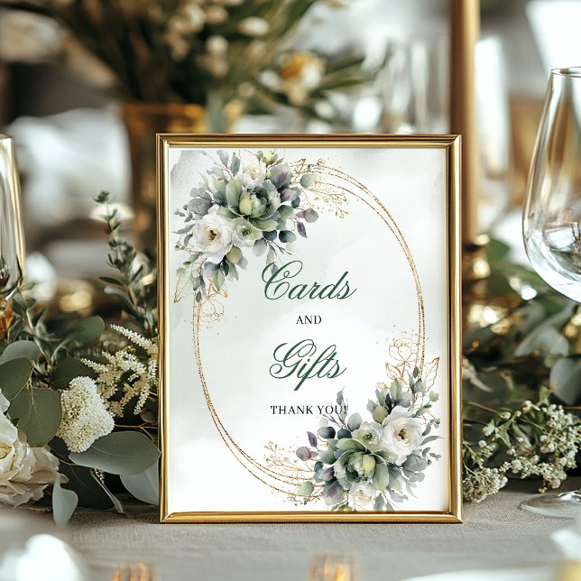 Póster Soft Romance Verde y Tarjetas y Regalos de Oro Sig (Soft Romance Greenery and Gold Cards and Gifts Sign)