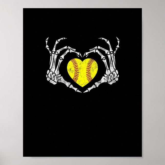 Póster Softball Heart Skeleton Hand Halloween Costume Fun (Frente)