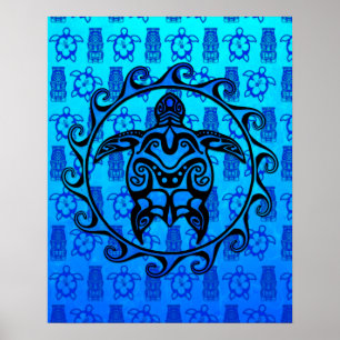 Póster Sol azul de tortuga tribal