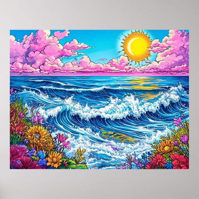 Póster Sol brillante iluminando las olas del océano (Frente)