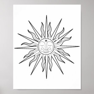 Póster Sol Celestial Astrología Caprichosa Blanco y Negro
