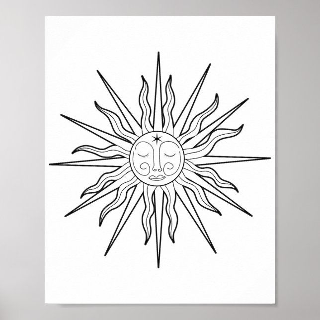 Póster Sol Celestial Astrología Caprichosa Blanco y Negro (Frente)