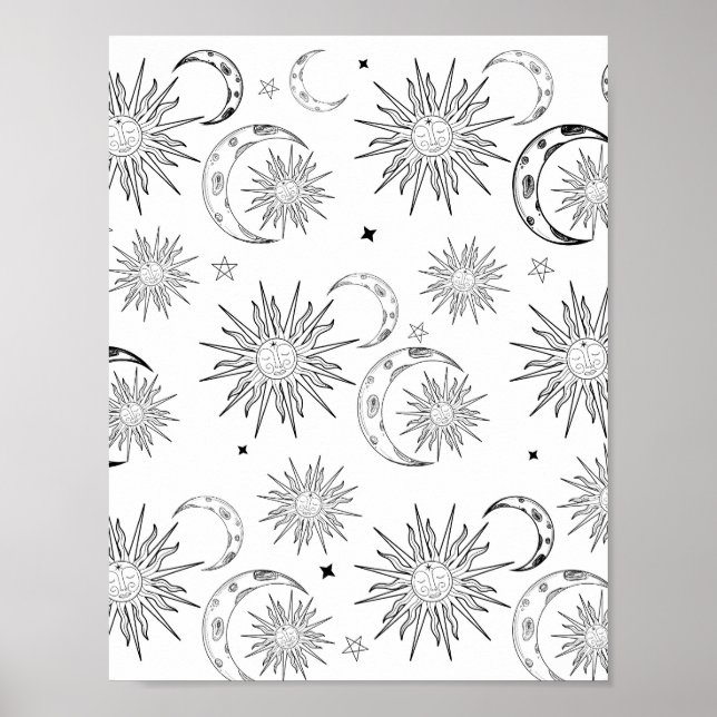 Póster Sol Celestial Astrología Caprichosa Blanco y Negro (Frente)