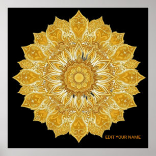 Póster Sol Floral Mandala Dorado Lujoso