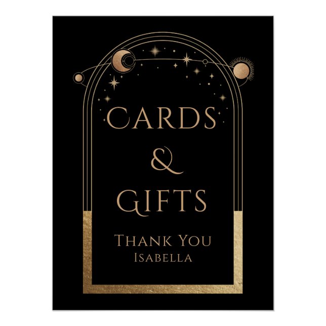 Póster Sol Luna Estrellas Cartas y Regalos de Oro Negro C (Anverso)