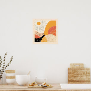 Póster Sol Retro De Boho Aburrido Sobre Colinas Rodeadas