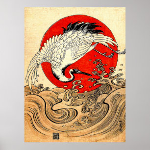 PÓSTER SOL ROJO, GRÚA VOLADORA JAPONESA Y OLAS DEL MAR 