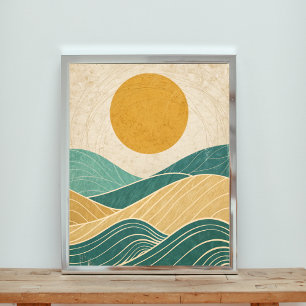 Póster Sol sobre colinas y olas ondulantes
