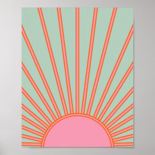 Póster Sol Sunrise Verde Y Rosa Resumen Retro Sunshine