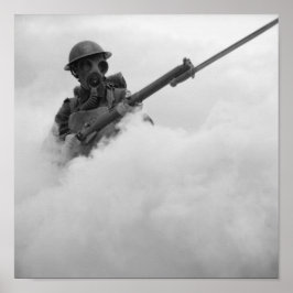 Póster Soldado con máscara de gas y rifle con bayoneta -