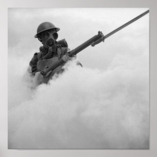 Póster Soldado con máscara de gas y rifle con bayoneta -