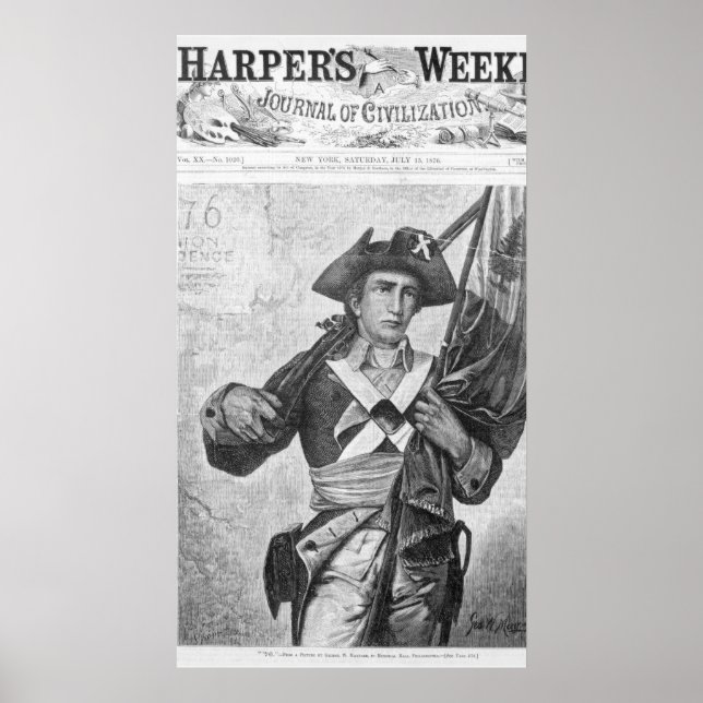Póster Soldado continental con bandera de mosquete (Frente)