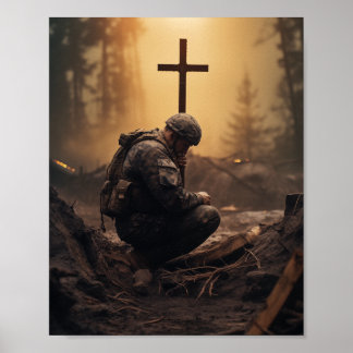 Póster Soldado de Dios sosteniendo una cruz de madera