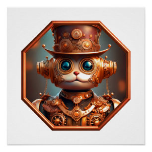 Póster Soldado Gato Steampunk en Marco de Bronce de 8 Lad