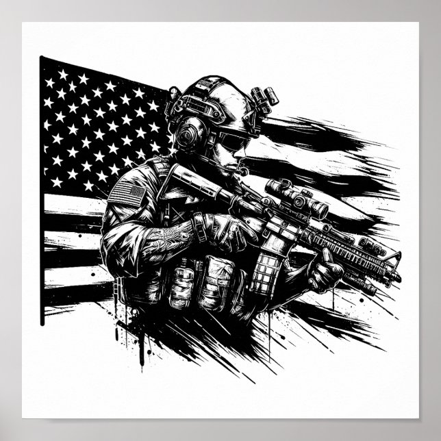 Póster Soldado militar norteamericano bandera de Estados  (Frente)