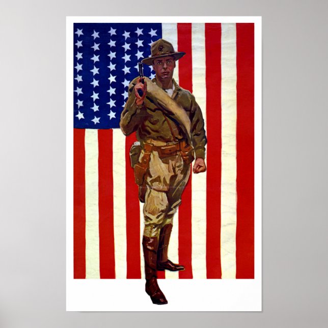 Póster Soldado Patriótico Antiguo con Bandera Americana (Frente)