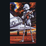 Póster Soldados de robots militares de ciencia ficción vi<br><div class="desc">Imagen de robot militar de ciencia ficción futurista de ilustracion vintage. Un soldado alienígena hostil sostiene una pistola de rifle y se encuentra parado frente a un avión militar o avión con una estrella. Está en un planeta desolado listo para ir a la guerra con humo, fuego y explosiones. Es...</div>