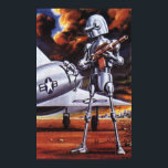 Póster Soldados de robots militares de ciencia ficción vi<br><div class="desc">Imagen de robot militar de ciencia ficción futurista de ilustracion vintage. Un soldado alienígena hostil sostiene una pistola de rifle y se encuentra parado frente a un avión militar o avión con una estrella. Está en un planeta desolado listo para ir a la guerra con humo, fuego y explosiones. Es...</div>