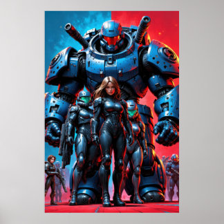 Póster Soldados futuristas y robot blindado en una cienci