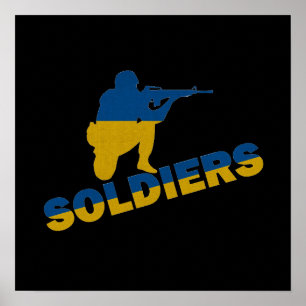 Póster Soldados ucranianos, bandera de Ucrania
