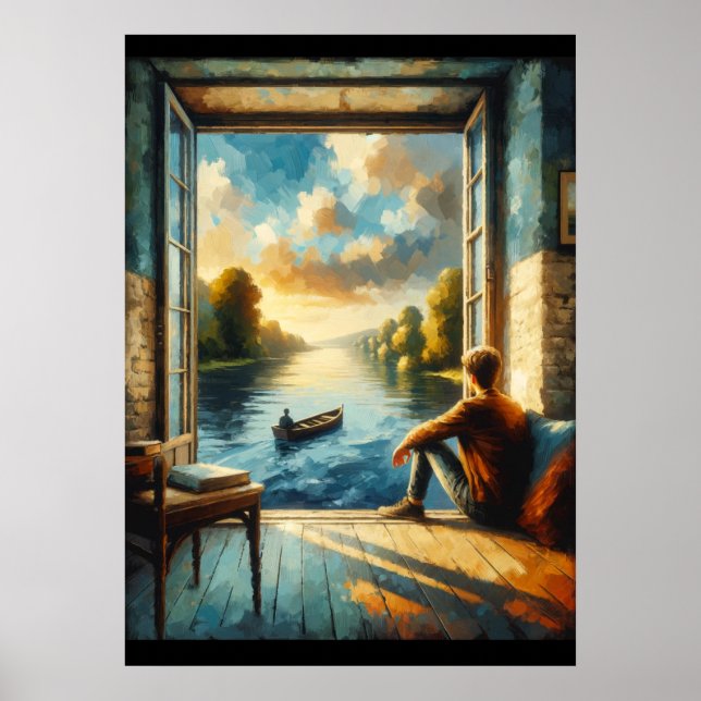 Póster Soledad reflexiva: Hombre contemplando al atardece (Frente)