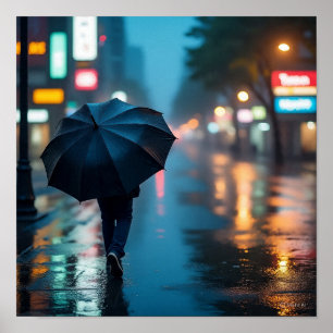 Póster Soledad urbana - Escena nocturna de la ciudad lluv