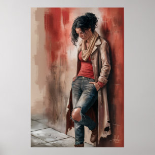 Póster Soledad Urbana: Figura Contra la Pared Roja