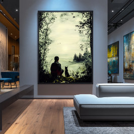 Póster Soledad vintage - Hombre y perro en naturaleza tra