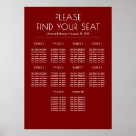 Póster Solid Burgundy Red Modern Wedding Seating Chart