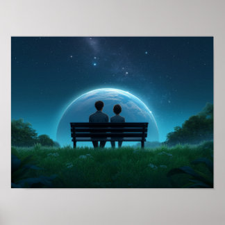 Póster Solitary Man on Bench Watching Birds Black and Whi