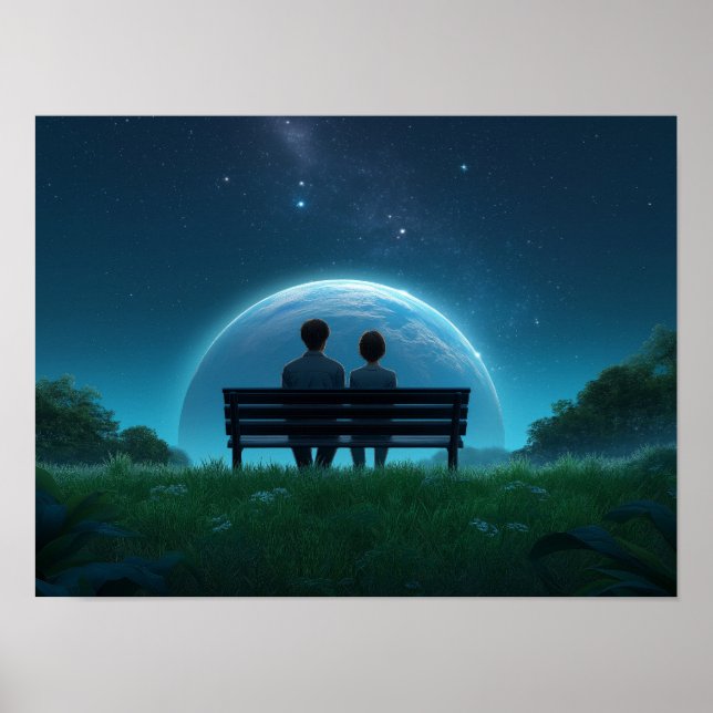 Póster Solitary Man on Bench Watching Birds Black and Whi (Frente)