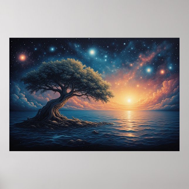 Póster Solitary Tree on Ocean at Sunset 🌅 Starry Fantasy (Frente)