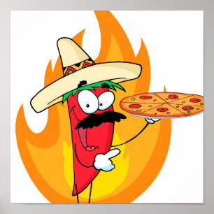 Póster Sombrero Chile Chili Pepper Holds Up Pizza