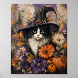 Póster Sombrero de Bruja Gato Negro Whimsigótico Floral d