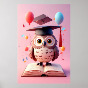Póster Sombrero de Graduación de Búho Sabio Posado sobre