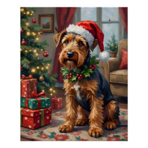Póster Sombrero de Santa Terrier Airedale Arte Divertido
