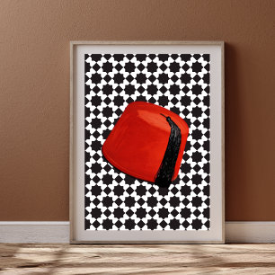 Póster Sombrero Fez Marroquí - Tarboosh Rojo con Baldosa