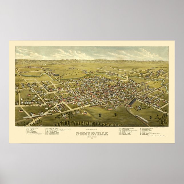 Póster Somerville, Mapa Panorámico NJ - 1882 (Frente)