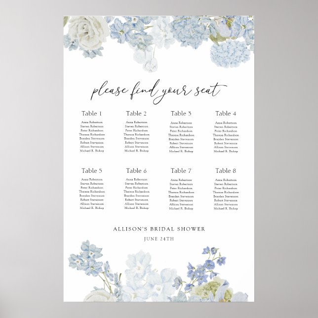 Póster Something Blue Wedding Shower Seating Chart (Frente)