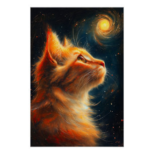 Póster Soñador Cósmico Gato Pelirrojo Estrellado